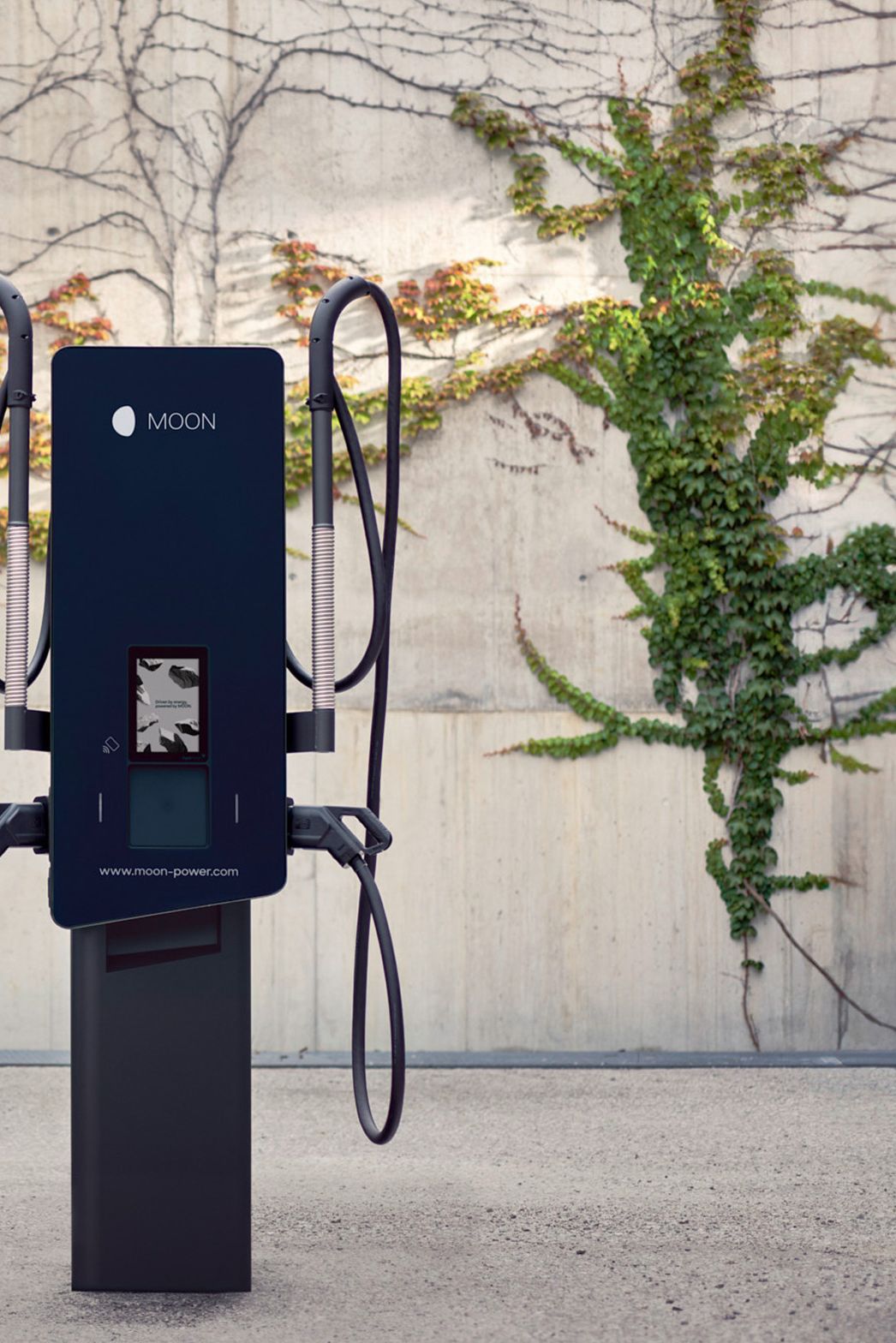 Woman walks in front of a charging station with a car in the background